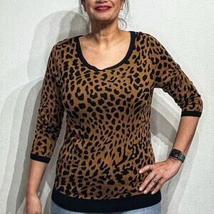 Talbots Animal Print Black Tan Leopard Pullover Sweater Sz L